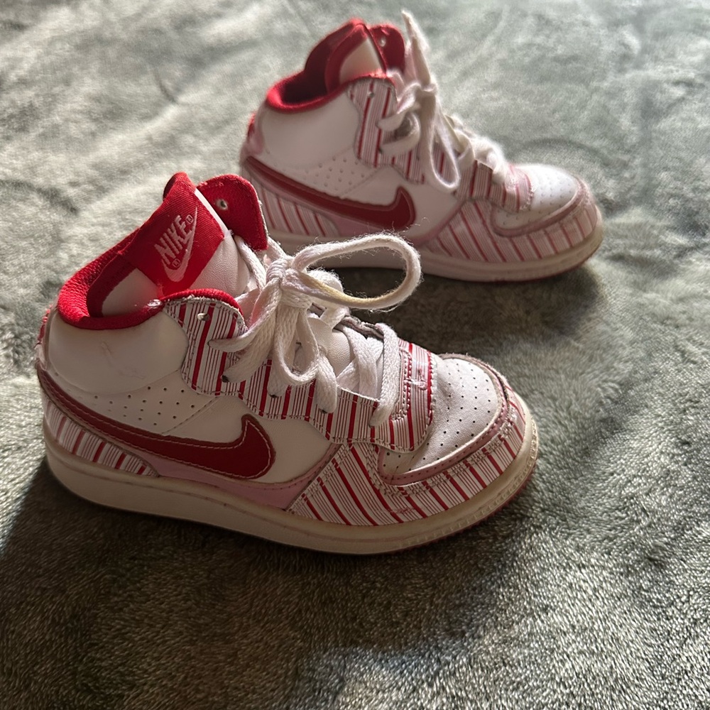 Nike Kids White and Red High-Top Sneakers with Stripe Detail